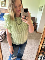 Sage Checkered Ruffle Shoulder Top