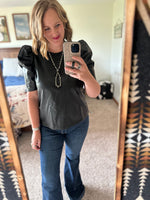 Black Pleather Puff Sleeve Top