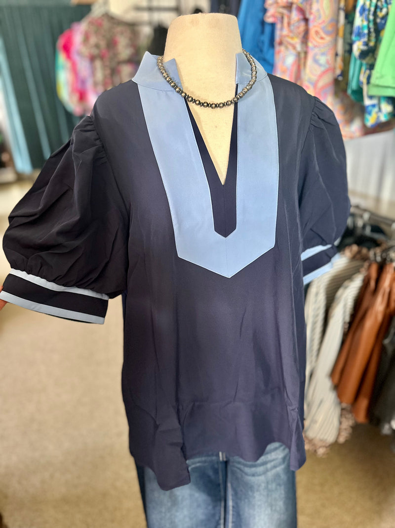 Navy Puff Sleeve Top