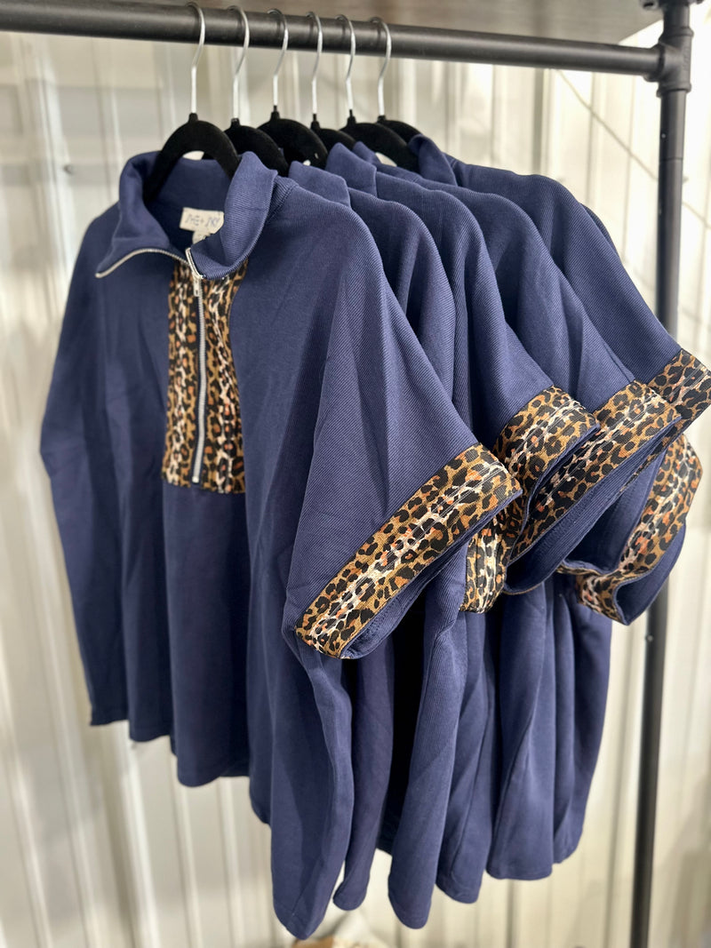 Navy Quarter Zip Top with Leopard