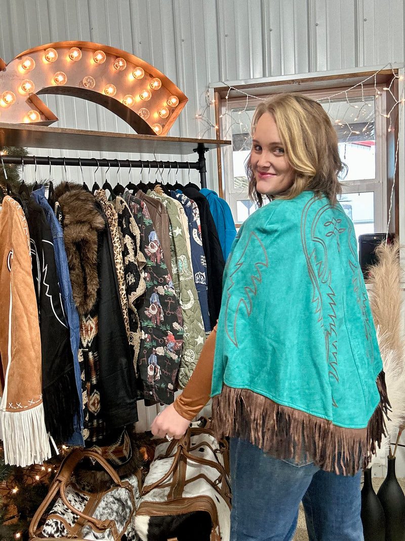 Teal Suede Boot Stitch Embroidered Cape