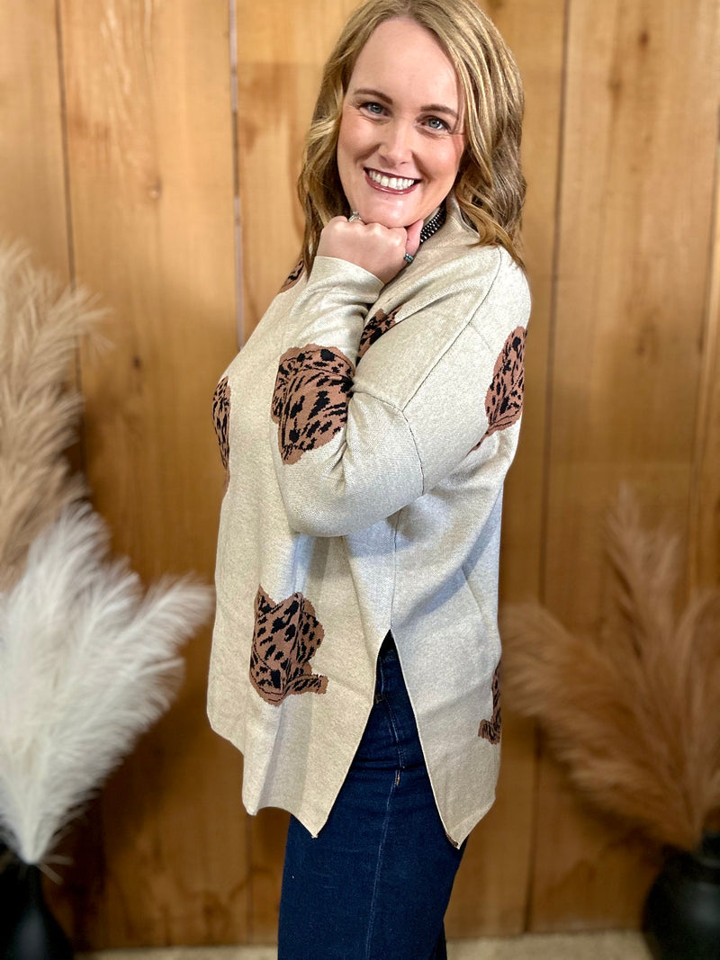 Taupe Leopard Cowboy Hat Oversized Sweater