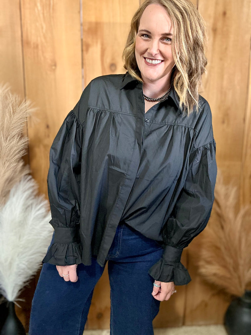 Black Puff Sleeve Button Down Top