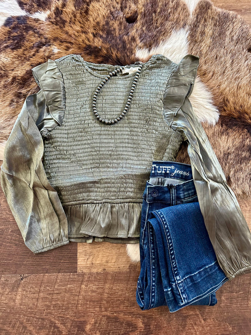 Girls Green Satin Smocked Top