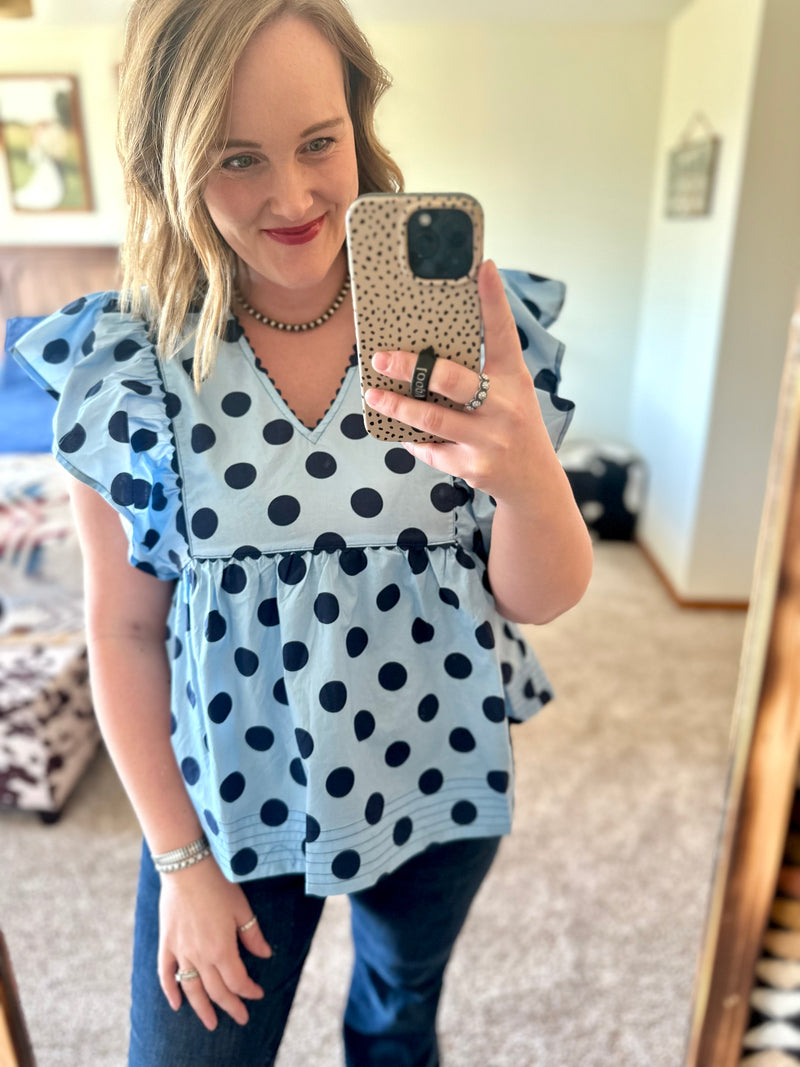 Blue Polka Dot Flutter Sleeve Top