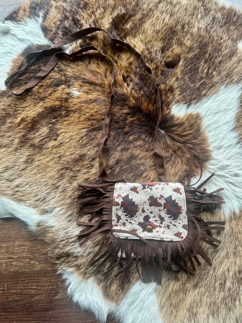Girls Cow Print Fringe Purse