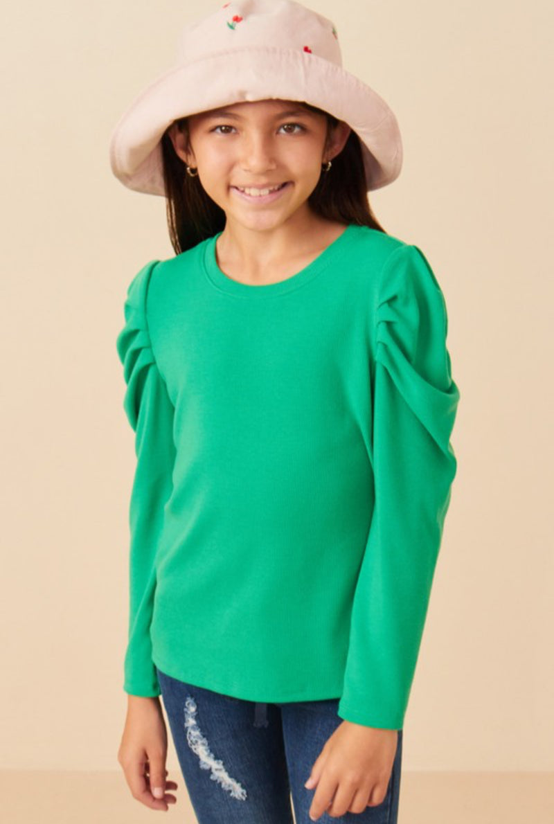 Girls Puff Shoudler Knit Top - Green