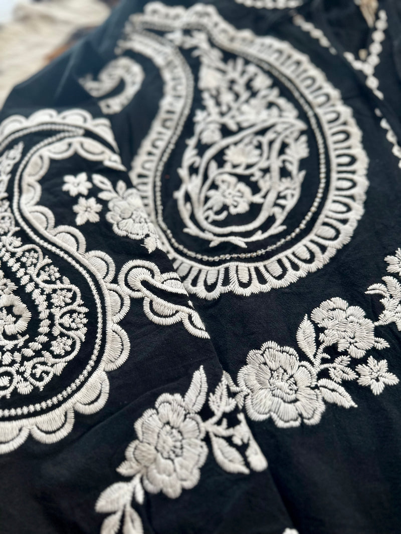Paisley Floral Embroidered Black Top
