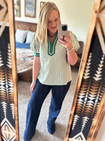 Green Stripe Puff Sleeve Top