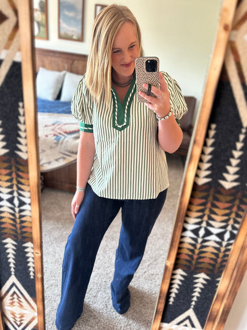 Green Stripe Puff Sleeve Top