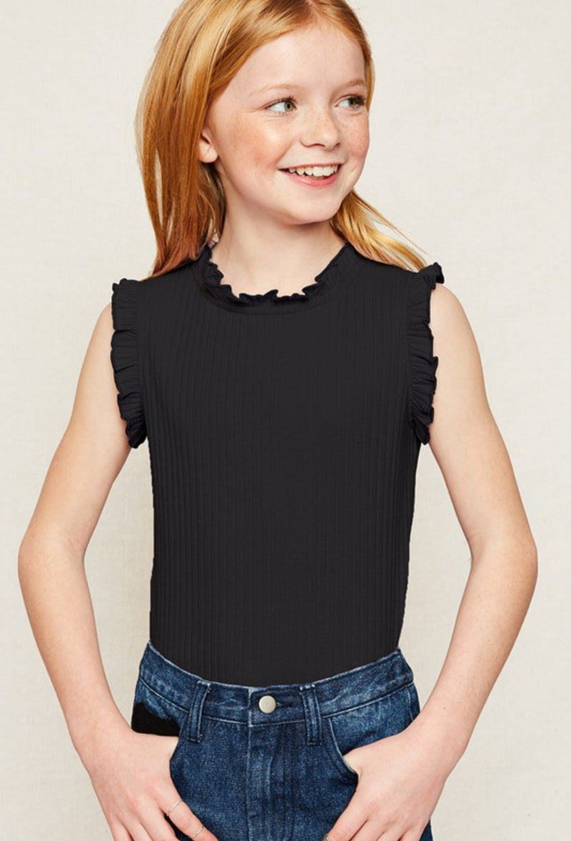 Girls Black Ruffle Trim Tank