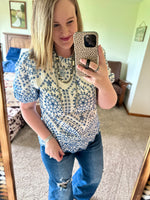Blue Embroidered Scalloped Hem Top