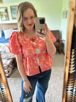 Coral Floral Embroidered Peplum Bow Top
