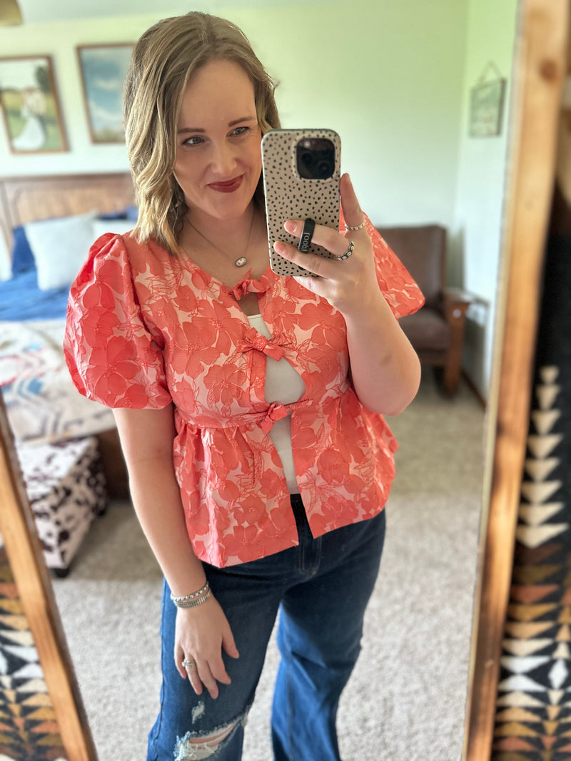 Coral Floral Embroidered Peplum Bow Top