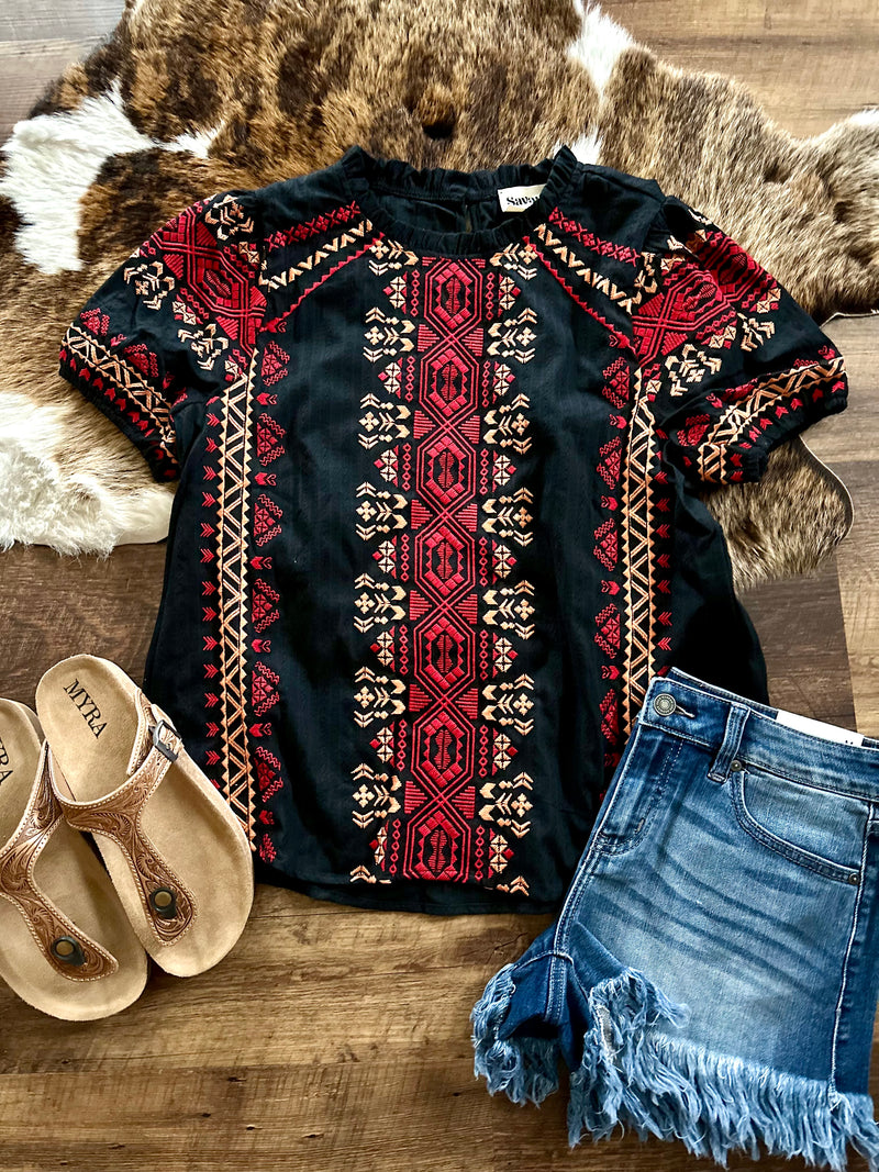 Black Aztec Embroidered Top