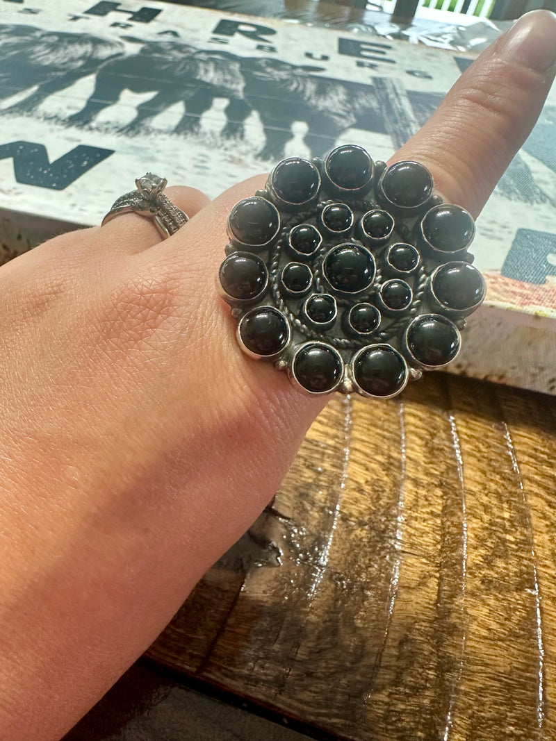 Black Onyx Cluster Adjustable Ring