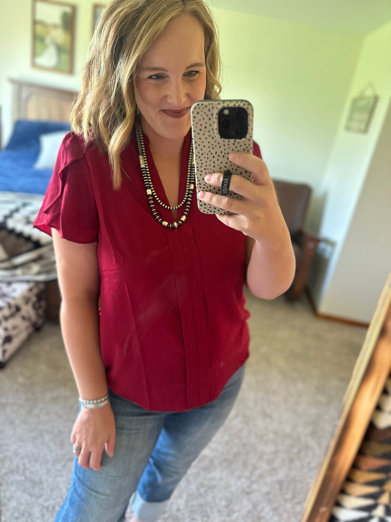 V Neck Tulip Sleeve Top - Burgundy