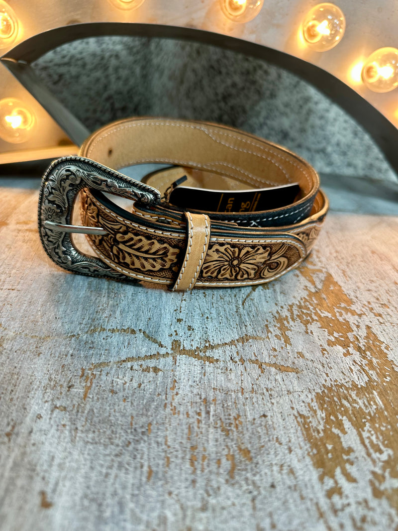 Black / Brown Tooled Leather Belt