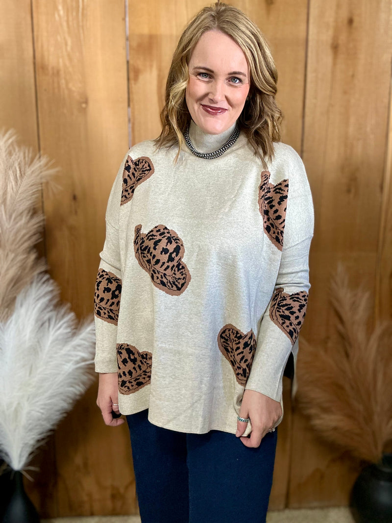 Taupe Leopard Cowboy Hat Oversized Sweater