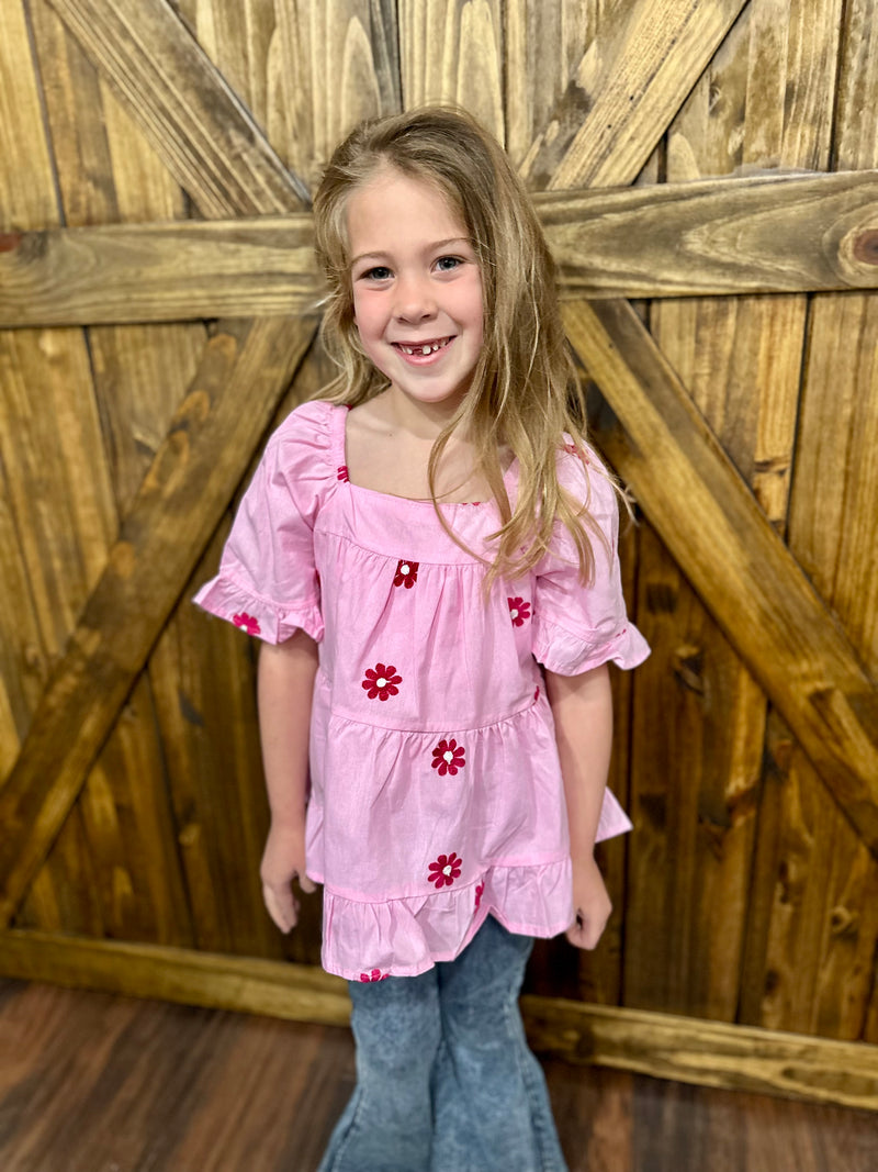 Girls Pink Flower Embroidered Top