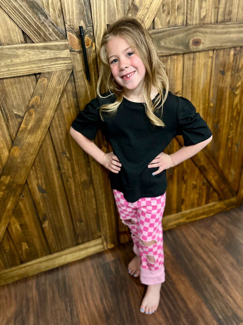 Girls Black Puff Sleeve Top