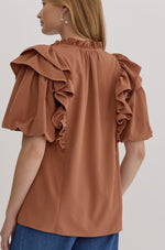 Mocha Ruffled Bubble Sleeve Top