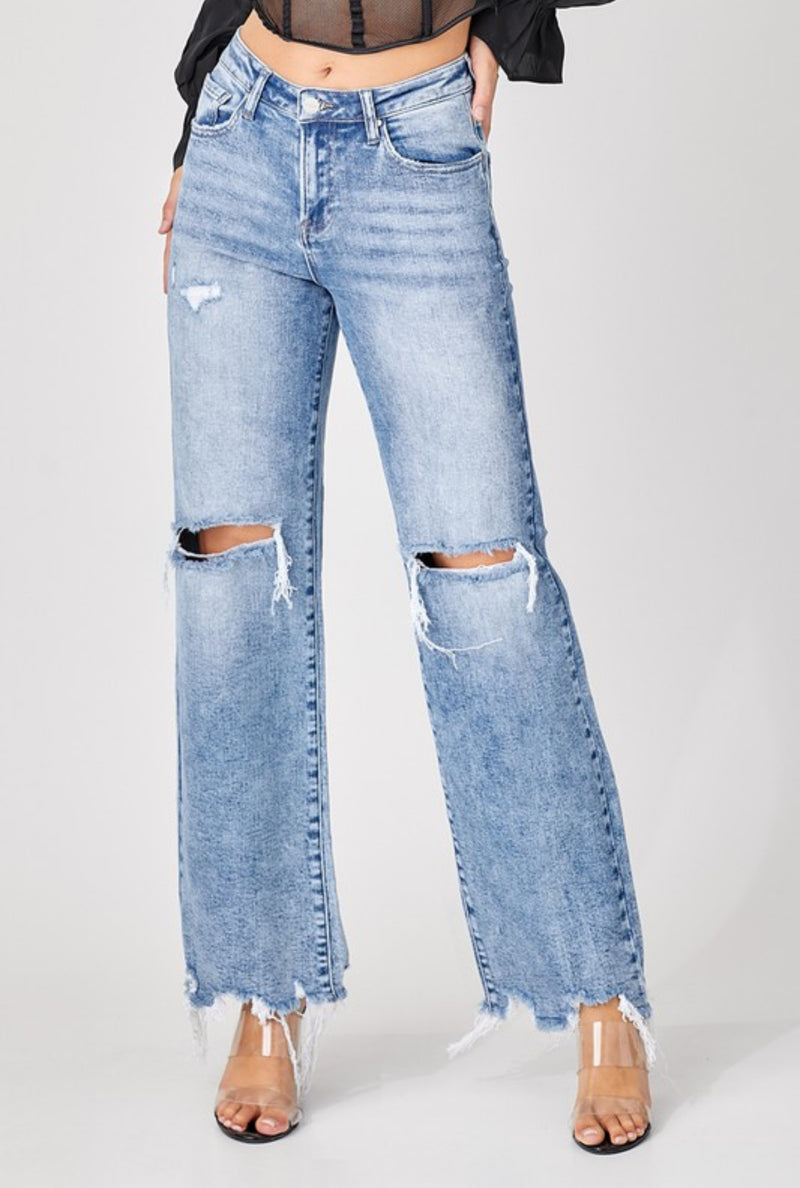 Risen Medium Wash Distressed Wide Leg Jeans