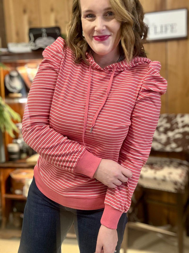 Coral Puff Sleeve Striped Hoodie