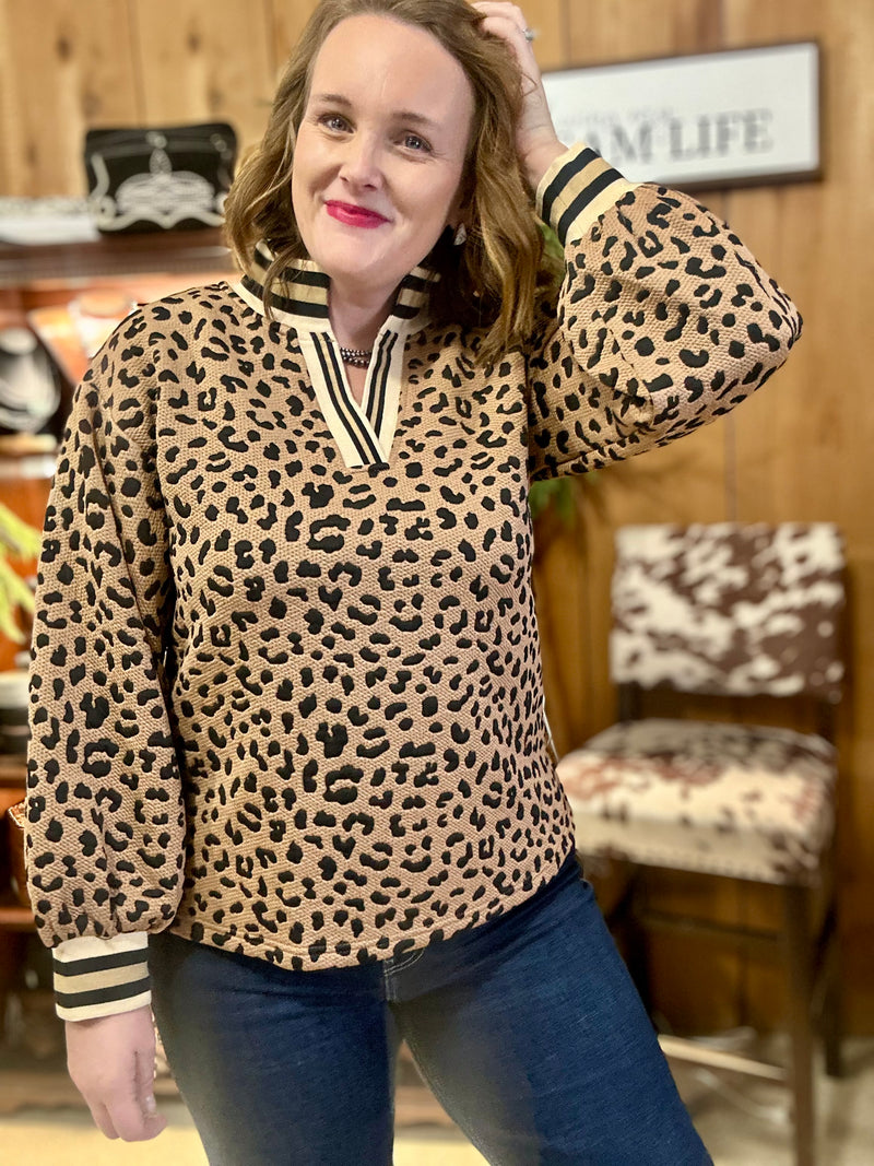 Leopard Puff Sleeve V Neck