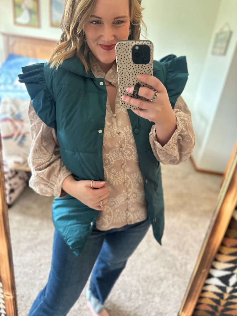 Ruffle Puffer Vest - Teal