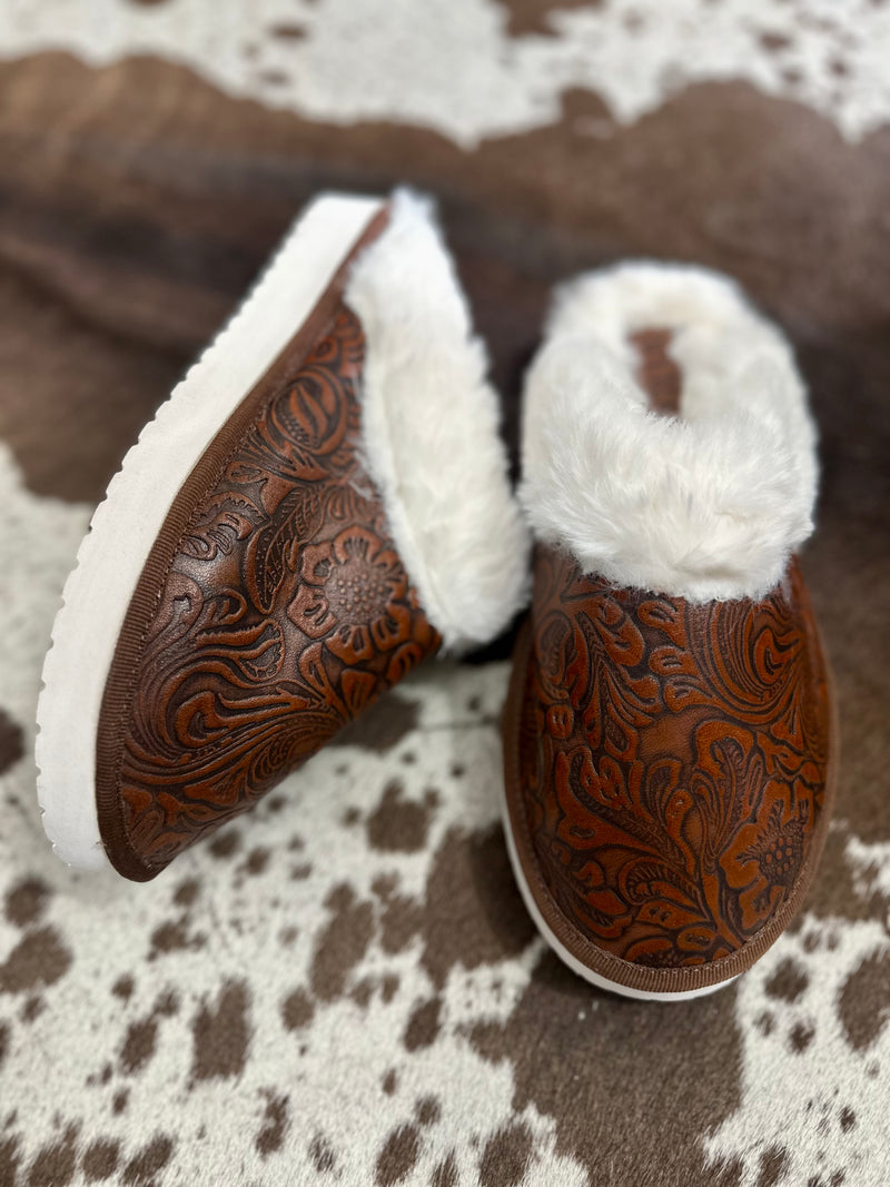 Brown Embossed Leather Slippers