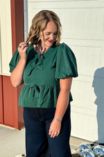 Peplum Bow Top - Hunter Green