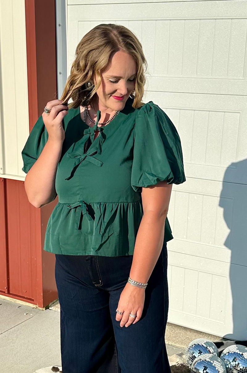 Peplum Bow Top - Hunter Green