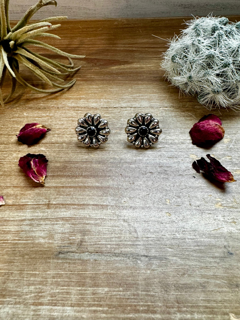 Cluster Sterling silver stud earrings with black Onyx