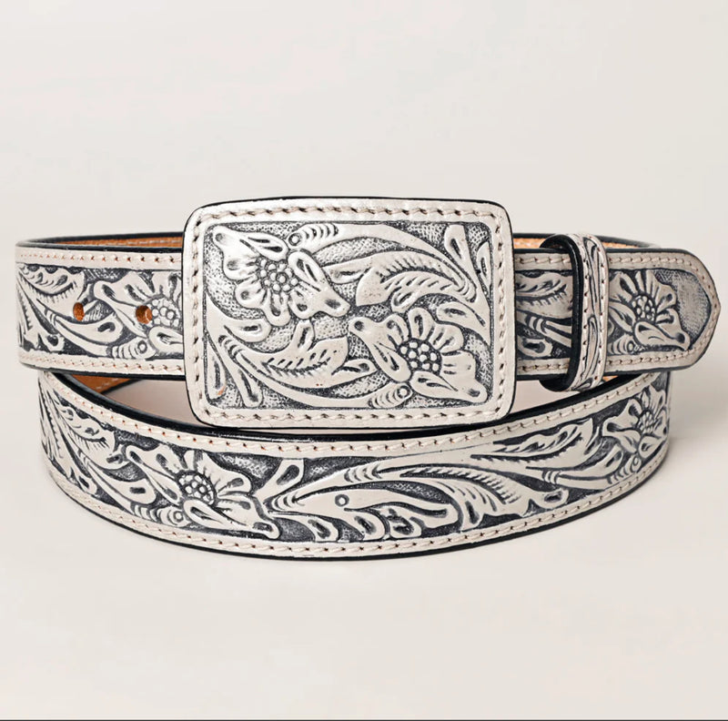 Silver Tooled Leather Square Buckle Belt