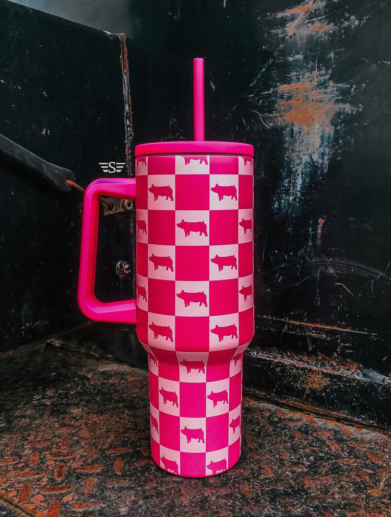 Pink Check Pig Cup