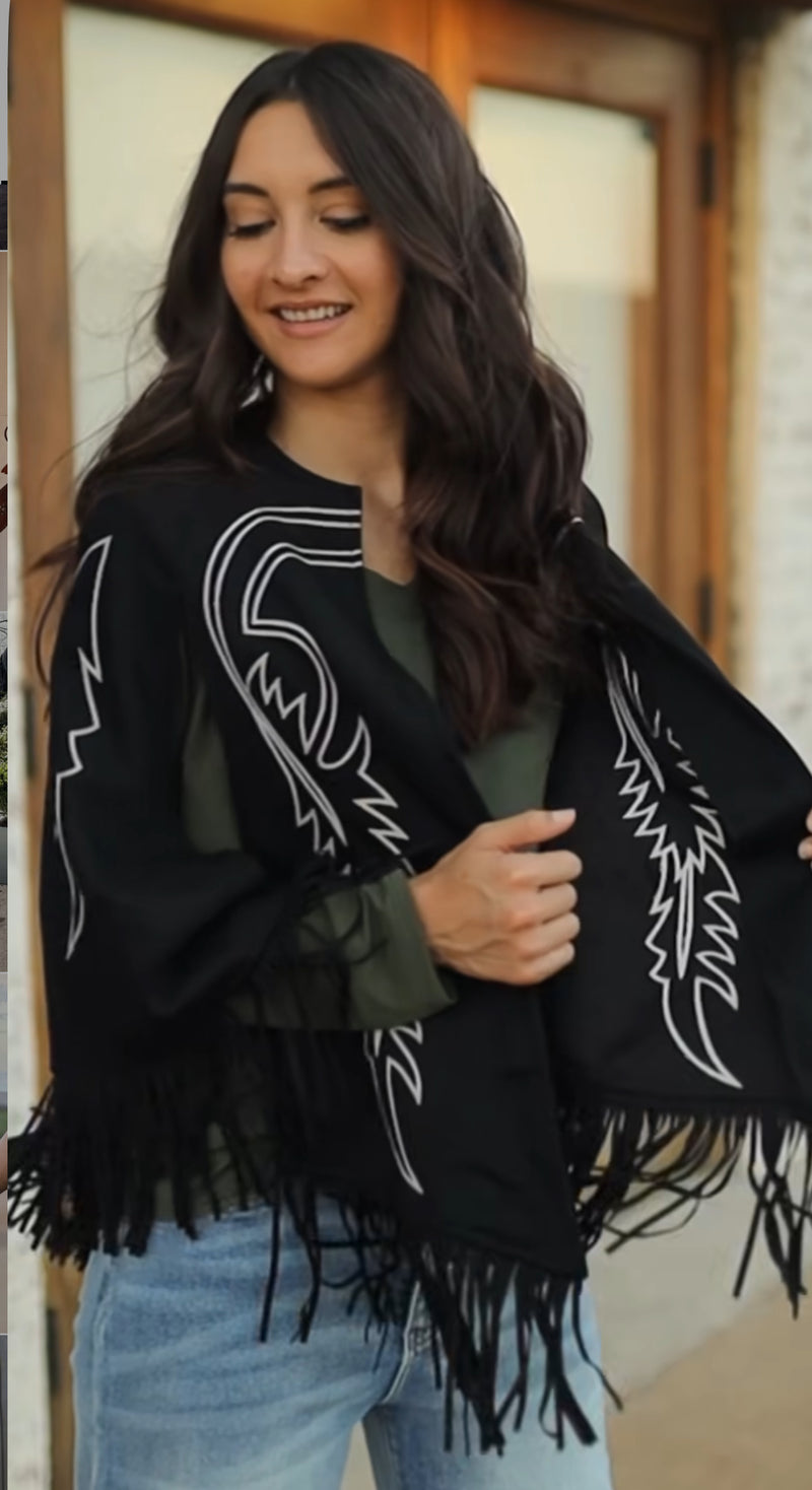 Black Suede Boot Stitch Embroidered Cape