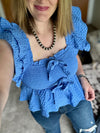 Blue Textured Smocked Bow Top