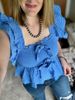 Blue Textured Smocked Bow Top