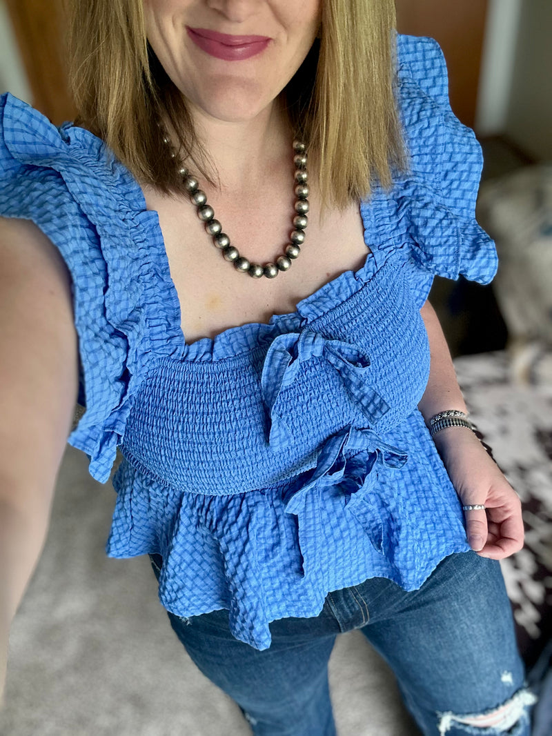 Blue Textured Smocked Bow Top
