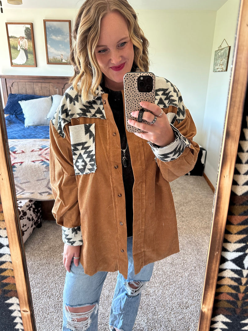 Oversized Aztec Block Corduroy Jacket - Toffee