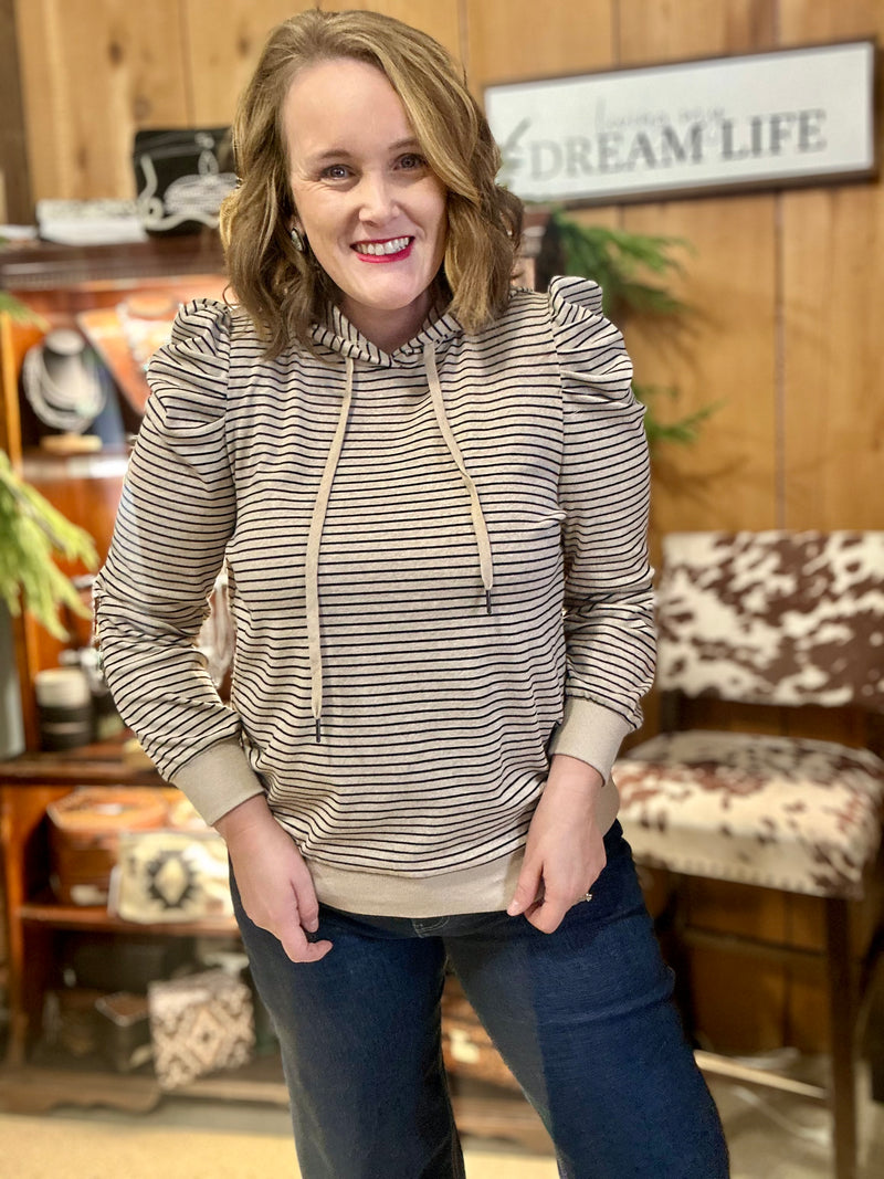 Oatmeal Puff Sleeve Striped Hoodie