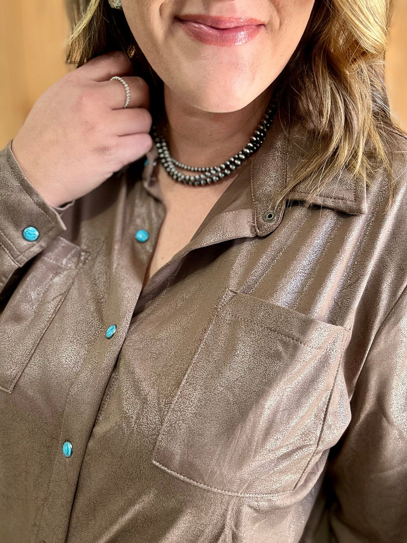 Chocolate Leather Lux Button Down Top
