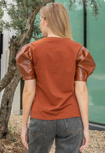 Pleather Puff Sleeve Top - Brown