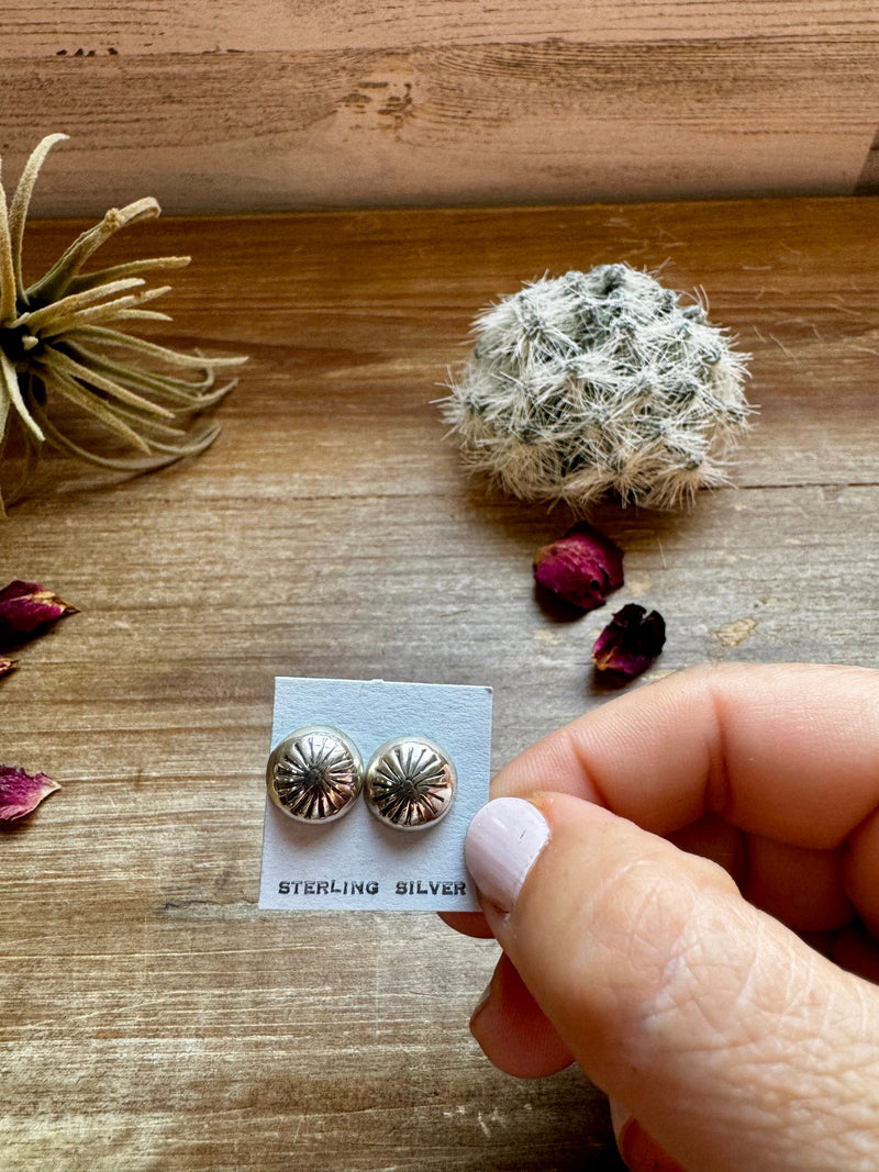 Mini Round Sterling silver stud earrings with stamp details