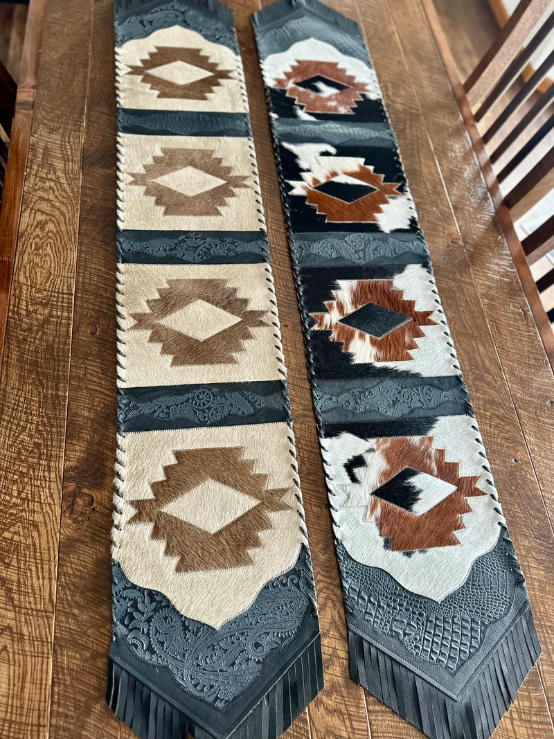 Cowhide Table Runners with Black Leather