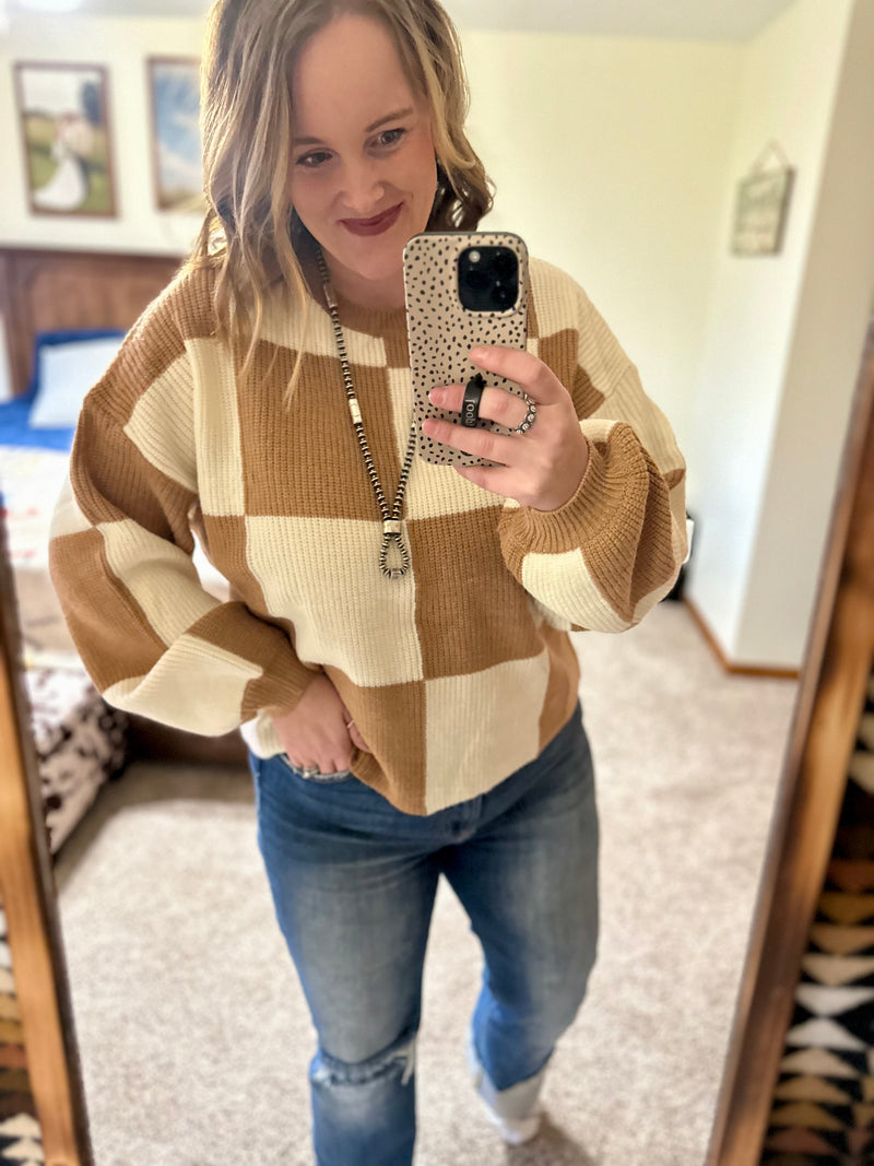 Oversized Checker Sweater - Sand