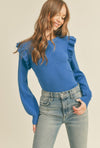 Blue Ruffle Shoulder Sweater