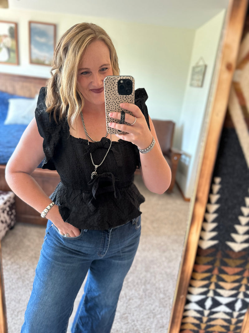 Black Textured Smocked Bow Top