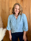 Chambray Button Down Bubble Sleeve Top
